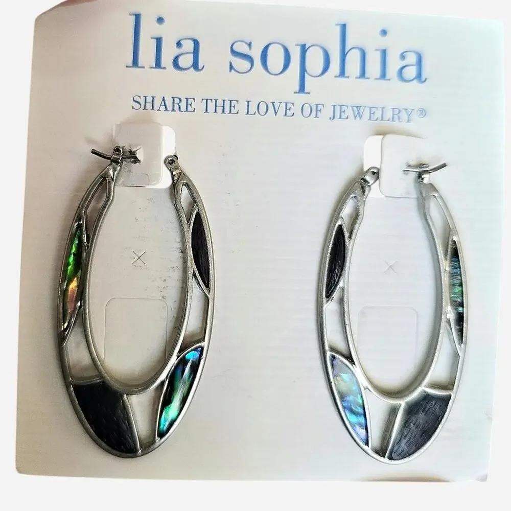NWT Lia Sophia Abalone & Black Enamel Silver Tone Necklace & Earring Set